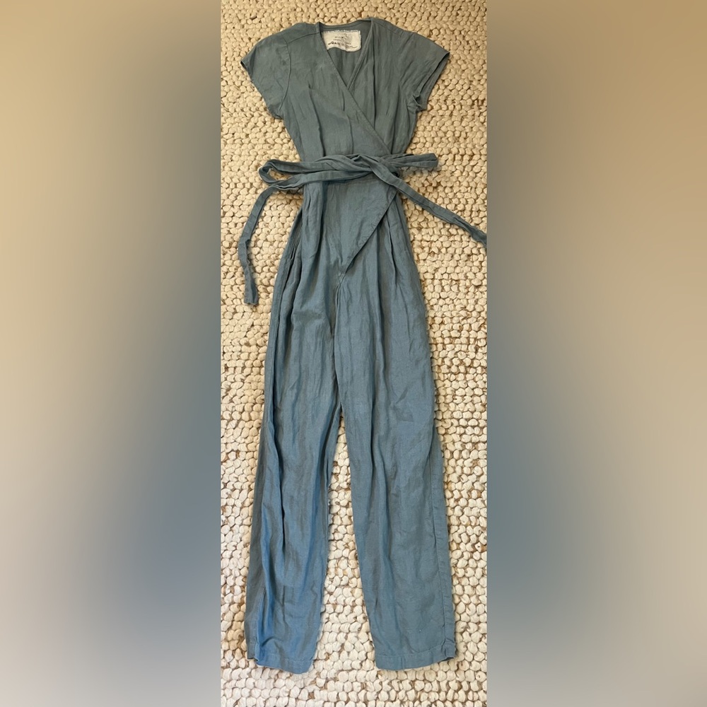 Not Perfect Linen Blue Wrap Jumpsuit